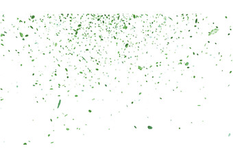 The falling green leaf confetti as vector objects created by 3D modeling particles and physics simulation.
