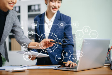 business team people planning and discussing on recycle reduce reuse policy symbol in office meeting room. Green business company