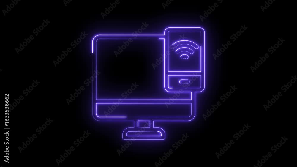 Poster glowing neon computer monitor and smartphone with wifi symbol isolated on black background futuristi