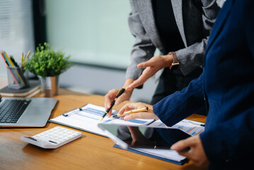 Business team collaboration discussing working analyzing with financial data and marketing growth...