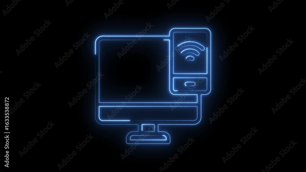 Poster glowing blue neon outline of a computer monitor and smartphone connected with a wifi symbol on a bla