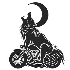 Howling wolf riding a motorcycle, bold design, night theme, tattoo concept, crescent moon
