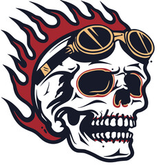 Stylized skull with flames and goggles, bold design, biker culture theme, tattoo concept