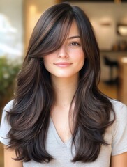 young beautiful woman standing with long black hair