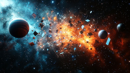 vibrant orange and blue nebula, chaotic field of glowing space debris,