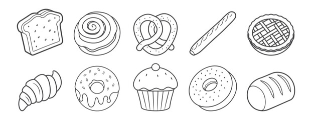 Bakery Pastries and Bread Collection Featuring Croissant Donut Muffin Bagel and More in Clean Line Art Style