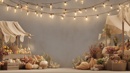 Autumn Festival, Rust to ivory gradient, 3D scene with string lights, wooden market stalls, fall produce on display