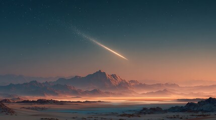 A scenic view of mountains under a night sky with a shooting star illuminating the landscape softly