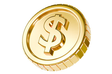 3d gold coin with dollar sign. realistic shiny coin in perspective view for financial, banking, digital payment, crypto, or casino design. luxury currency minimal 3d render.