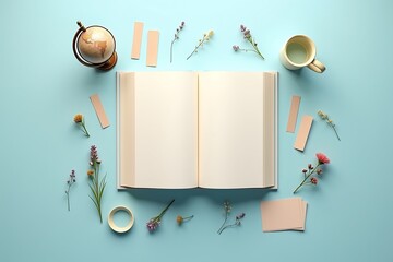 Open book flat lay with flowers and globe travel journal mockup design