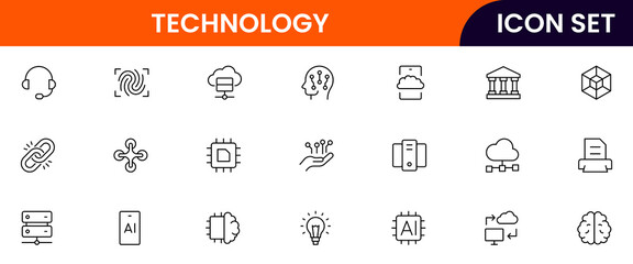 Technology vector line icons featuring smartwatches, fitness bands, AR glasses, biometric sensors, health tracking, connectivity, notifications, and portable digital devices.