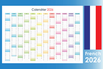 Planner Calendar 2026 French, colorful yearly wall planner template