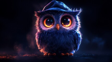 Obraz premium Adorable cartoon owl with big, glowing eyes and a sleeping cap