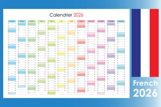 Planner Calendar 2026 French, colorful yearly wall planner template