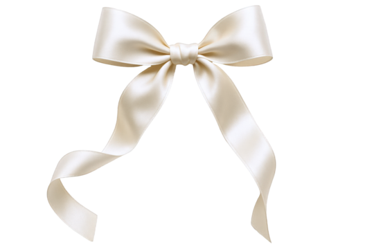 Elegant Cream Satin Ribbon Bow with Flowing Tails, Symbolizing Celebration, Gifting, and Sophistication