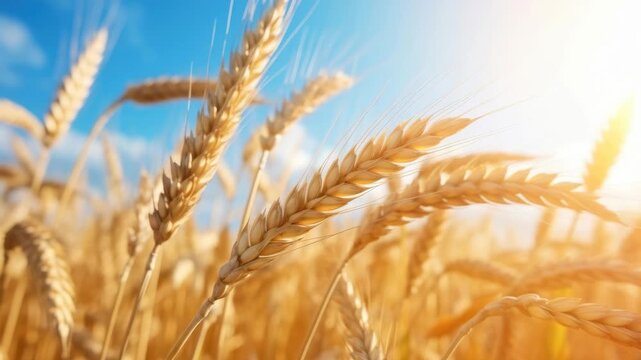 Close-up, low-angle view of golden wheat under a bright blue sky, capturing the essence of harvest in a vibrant, cinematic video style. Live desktop wallpaper.