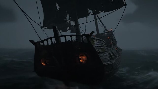Ghost ship. Ghostly galleon sails through a misty sea, lit by fiery lanterns. night scene. The Flying Dutchman.
