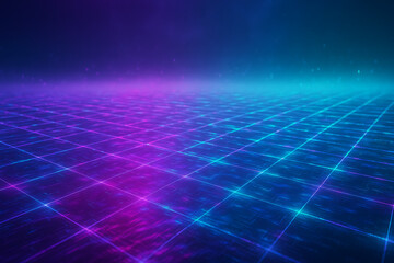 Futuristic glowing neon grid surface with digital blue and purple horizon background, virtual reality tech floor landscape, immersive cyberspace light terrain, 3d abstract digital technology backgroun