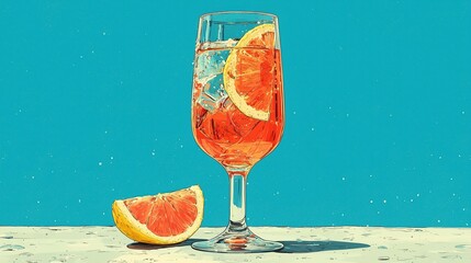 Refreshing Grapefruit Cocktail in Glass, Summer Drink,  Teal Background,  Vibrant Citrus Illustration