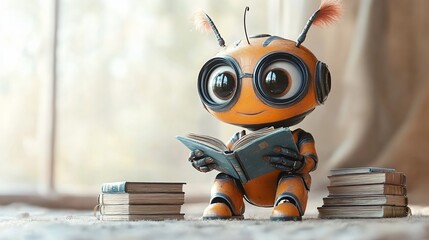 Adorable robot with spectacles reading a book