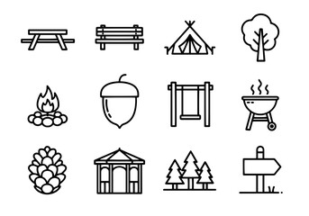 Outdoor and Nature Vector Icon Set | Bold Line Style | Picnic Table, Bench, Tent, Campfire, Tree, Acorn, Swing, Grill, Cabin, Forest

