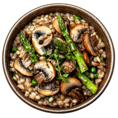 Top View Vegetarian Barley Risotto Bowl Featuring Mushrooms Asparagus and Peas in a Delightful Composition