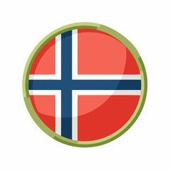 Obraz premium Circular Norway flag badge featuring the Nordic cross on a red field with blue accents, ideal for travel campaigns, cultural events, and educational resources 