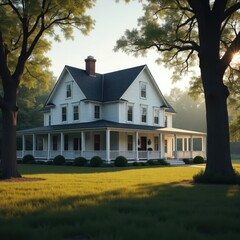Serene Victorian Farmhouse Surrounded by Majestic Oak Trees in Golden Hour Sunlight
