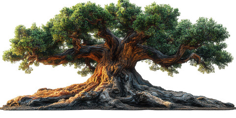 A majestic ancient oak tree with a massive gnarled trunk and sprawling branches full of lush green leaves isolated on transparent background