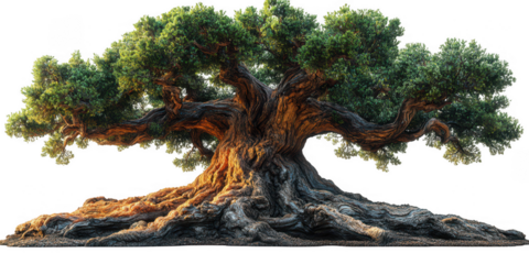 A majestic ancient oak tree with a massive gnarled trunk and sprawling branches full of lush green leaves isolated on transparent background
