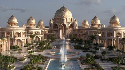 Fototapeta premium Grand Royal Palace with Golden Domes and Gardens in Bright Daylight – Majestic Architecture