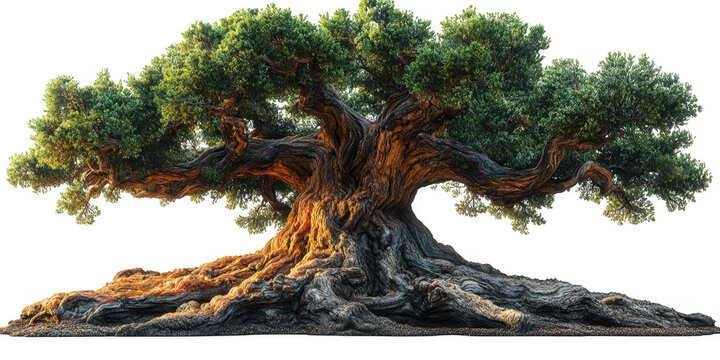 A majestic ancient oak tree with a massive gnarled trunk and sprawling branches full of lush green leaves isolated on transparent background