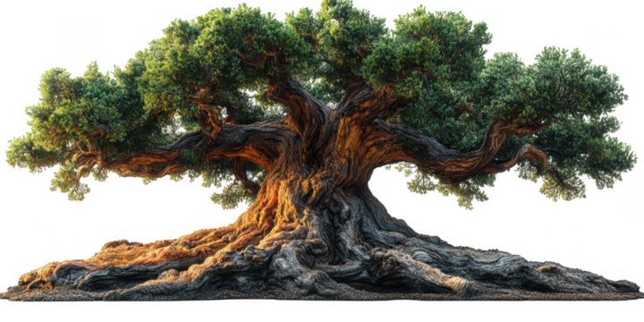 A majestic ancient oak tree with a massive gnarled trunk and sprawling branches full of lush green leaves isolated on transparent background