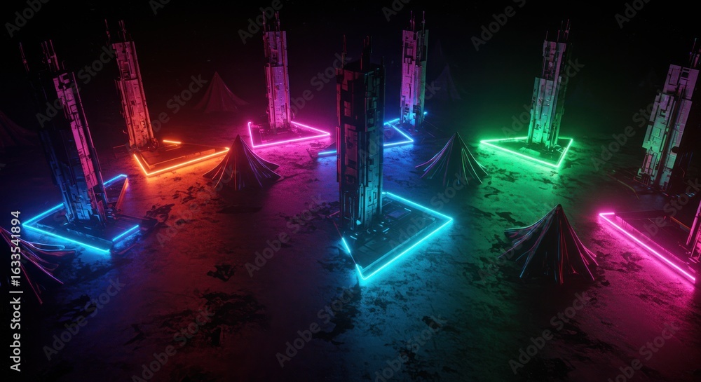 Poster surreal futuristic landscape with neon outlines and mysterious structures
