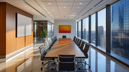 Modern Conference Room with Glass Windows. Spacious conference room with large windows and sleek furniture, ideal for corporate meetings and presentations.