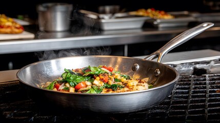 Food is being cooked in a metal pan on a stove top.