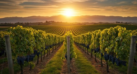 Naklejka premium Tranquil vineyard panorama under a golden sunset, showcasing rows of grapevines and distant