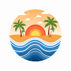 Fototapeta premium Round tropical postcard style illustration featuring a sun setting over the ocean with silhouettes, ideal for cruise brochures, destination marketing, and brochures 
