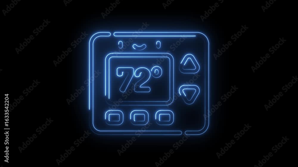 Poster glowing blue neon thermostat icon displaying 72 degrees fahrenheit with up and down arrows and butto