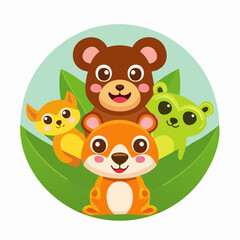 Fototapeta premium Playful circular scene showcasing diverse woodland buddies united in friendship, designed for literacy campaigns, daycare branding, and educational resources 