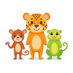 Fototapeta premium A cheerful circular illustration featuring three friendly animals—a bear, a tiger, and a frog—holding hands within a green ring, perfect for children's books, education materials, and family-friendly 
