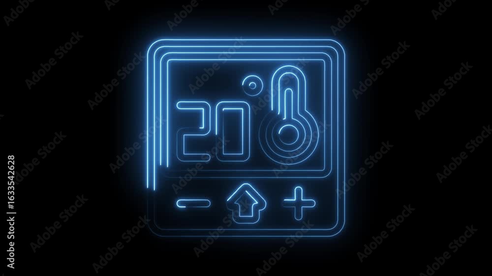Poster glowing blue neon thermostat icon with digital temperature display and control buttons on a transpar