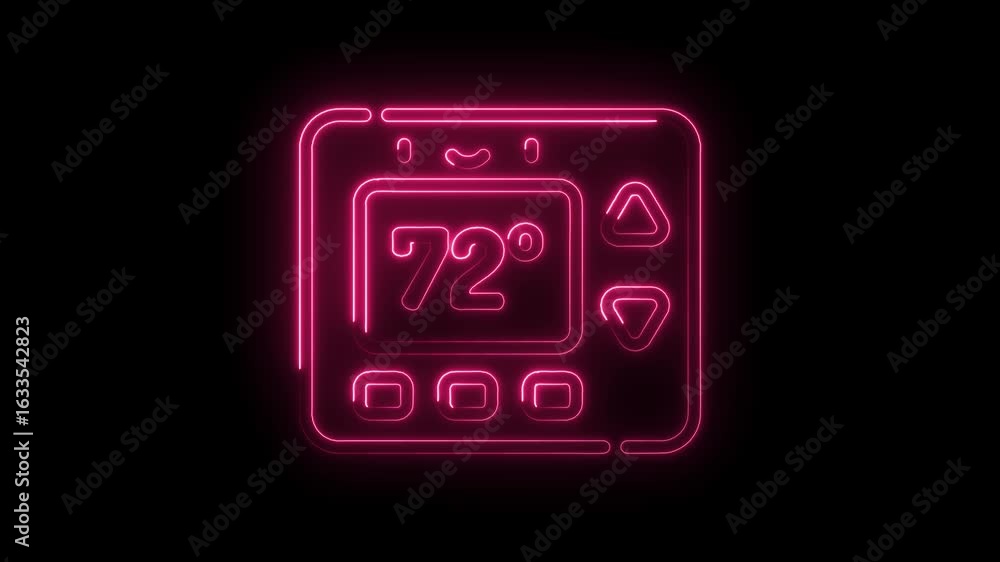 Poster glowing neon thermostat icon displaying 72 degrees fahrenheit temperature control symbol with up and