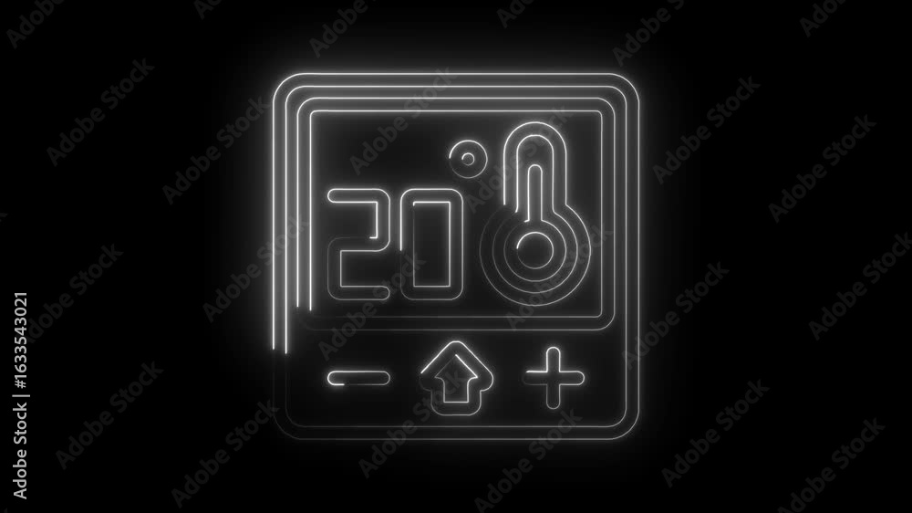 Poster glowing neon thermometer icon displaying 20 degrees celsius with up and down arrows on transparent b
