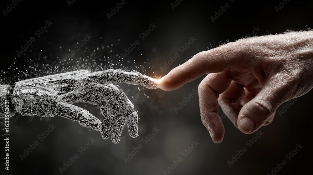 Poster futuristic human hand touching ai robot screen with glowing grid pattern, representing advanced digi