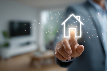 Businessman touches a glowing house icon