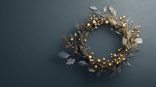Elegant golden christmas wreath adorned with berries and pinecones on a dark textured background - Powered by Adobe