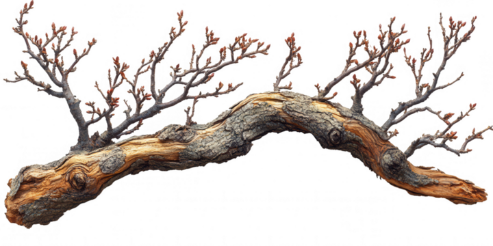 A gnarled and weathered driftwood branch with intricate twig like growths and textured bark isolated on transparent background