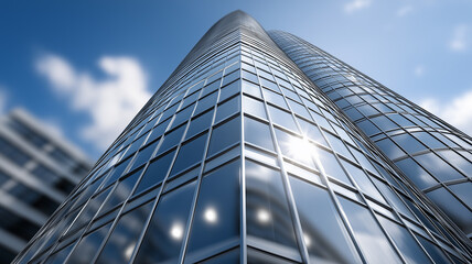 Fototapeta premium Elegant skyscraper with symmetrical glass facade reflecting minimal clouds and city surroundings, shot from a low angle to highlight the building’s height, structure, and modern urban aesthetics