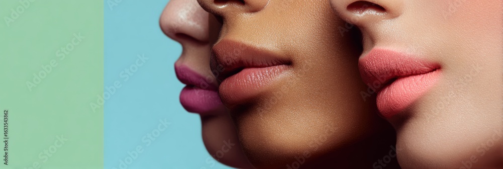 Poster multi-ethnic diversity captured in close-up of smooth cheeks and jawlines against a soft pastel back